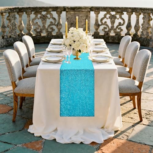 Turquoise Sequin Table Runners 72 Inches Long for Wedding Party 10 Pack