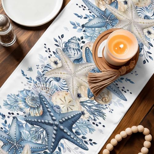 White Coastal Table Runner 13x70 Inches Summer Starfish Nautical Decor