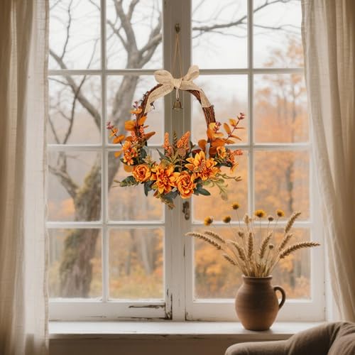 Artificial Fall Wreath with Orange Flowers, Bell & Bow for Front Door - Autumn Decor, Variation: Orange