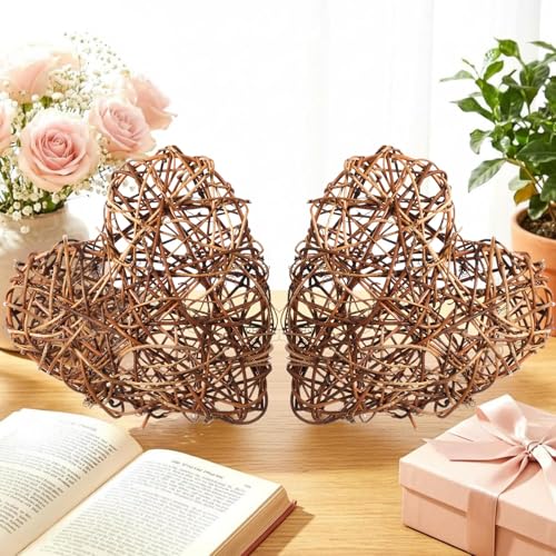 Artificial Wicker Heart Decorations - 7.87 x 7.87 Inches, Set of 2, Rustic Farmhouse Table Centerpieces for Wedding & Home Decor