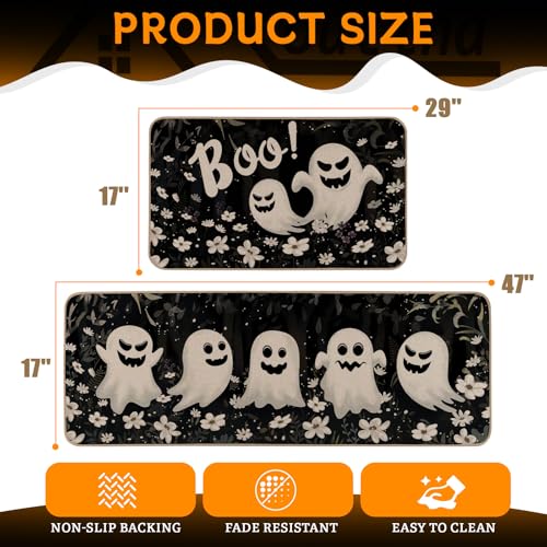 Halloween Ghost Kitchen Rugs Set of 2 - Black, 17x29 & 17x47 Inch