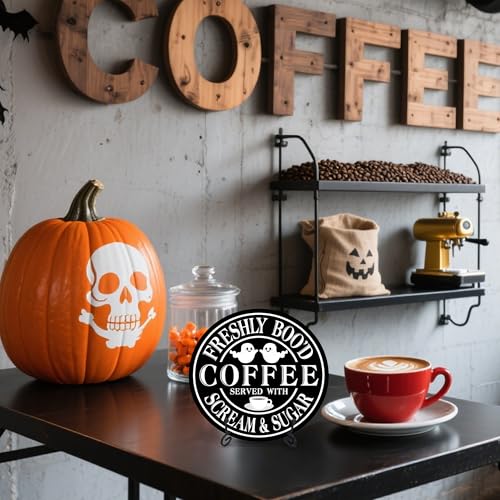 Halloween Desk Decor Freshly Bood Coffee Sign with Scream & Sugar - Multicolor 01