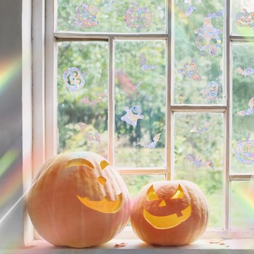 Halloween Laser Window Clings Decal - Double-Sided Ghost Bat Pumpkin Pattern, Style 2, 20 Pcs