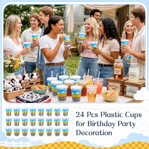 Cartoon Story 24 Pcs Party Cups with Lids & Straws - 16 oz Reusable Plastic for Birthday & Celebration - Blue & White Clouds