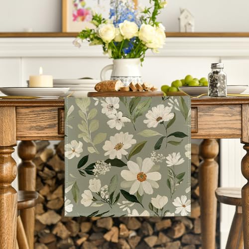 Olive Green Daisy Flowers Table Runner - 13x108 Inch Seasonal Kitchen Decor