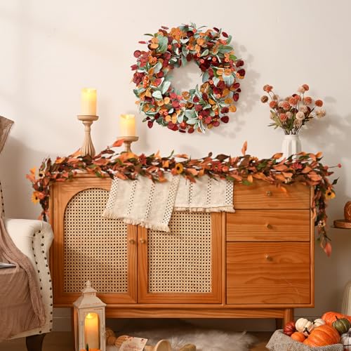 Fall Wreaths for Front Door - 26 Inch Autumn Door Decor with Lambs Ears, Leaves, Pumpkin - Set of 1 (Orange, Red, Green)