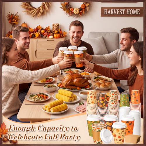 Orange Cartoon Fall 12oz Coffee Cups with Lids and Sleeves Bulk Set