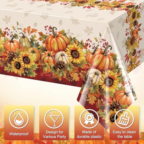 3-Pack Fall Sunflower Pumpkin Tablecloths - 108x54 Inch Disposable Autumn Harvest Rectangular Covers - Variation of 3