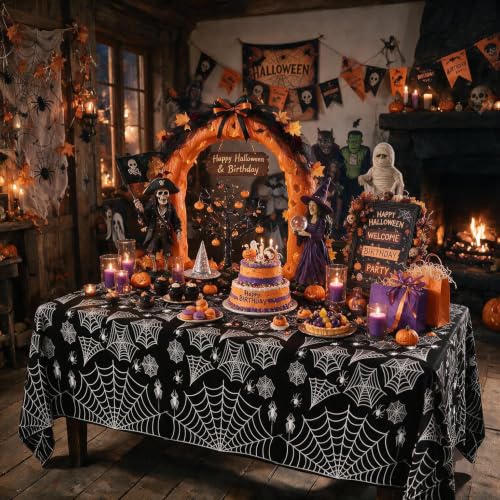 Halloween Spider Web Tablecloth - Black Plastic Disposable Cover - 8 Pack Variation 1