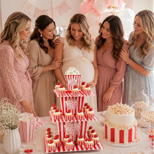 3-Tier Popcorn Cupcake Stand for Movie Night & Party Decorations - Red & White