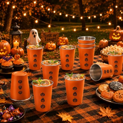 Halloween Stainless Steel Cups 10 Pack - Orange Party Drinkware for Kids & Adults