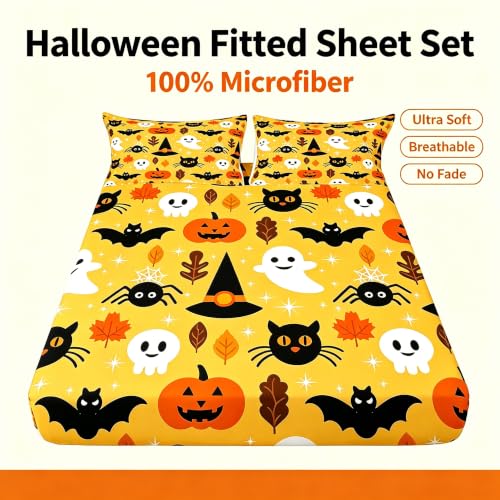 Halloween Queen Fitted Sheet Set Cartoon Pumpkin Lantern Ghost Bed Cover Variation of Multi 03