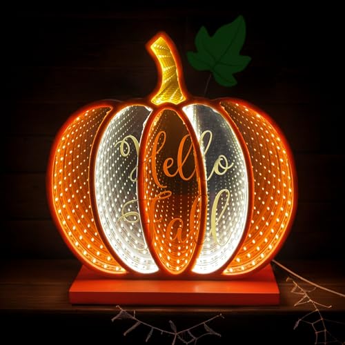 Fall Pumpkin Décor Light Up Infinity Pumpkin with USB Power - 8.58 Inch Standalone Fall Pumpkin for Table or Room Decoration - Variation: Fall Pumpkin