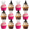 Halloween Witch Hat and Crown Cupcake Toppers Set - 12 Pcs Food-Safe Decorations