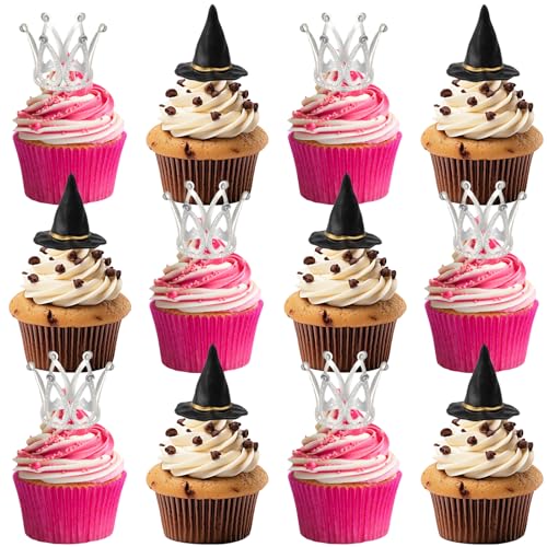 Halloween Witch Hat and Crown Cupcake Toppers Set - 12 Pcs Food-Safe Decorations
