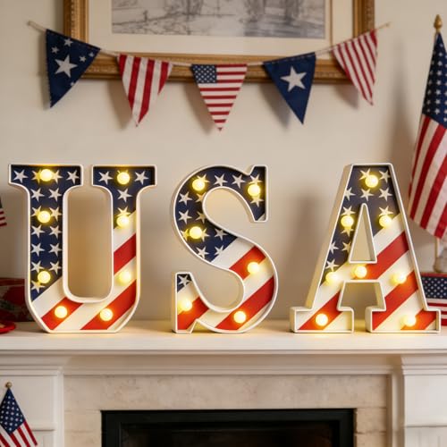 Patriotic USA Marquee Light Letters for 4th of July Decorations - Indoor Outdoor LED Sign