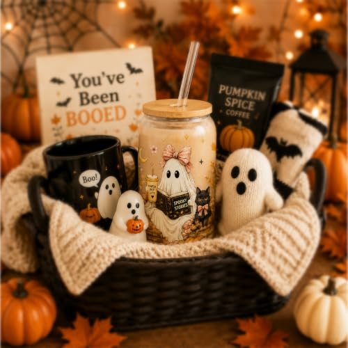 Halloween Glass Cup with Lid & Straw - Boo Basket Gift for Book Lovers - 16oz