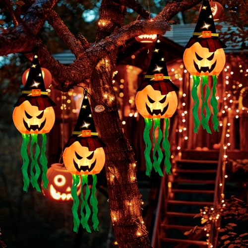 Halloween Glowing Pumpkin Witch Hat Decorations Set - 4 Pack with 3 Light Modes