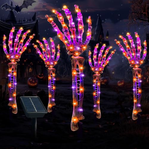 Solar Halloween Skeleton Hand Stakes - 5 Pack Purple & Orange LED Pathway Lights - Waterproof Outdoor Yard Decorations - Variation: Orange Skeleton Hands