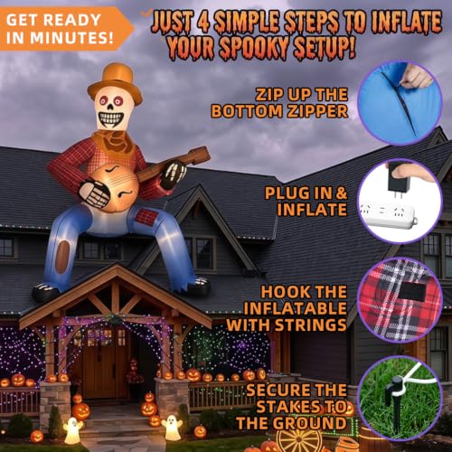 12FT Outdoor Inflatable Skeleton Cowboy with Banjo LED Lights - Halloween Yard Decor - Variation: Brown Cowboy