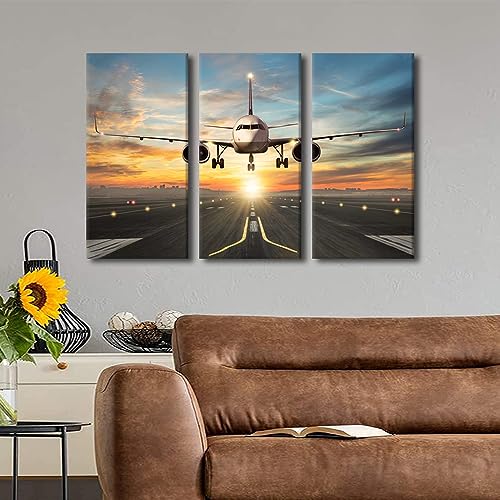 Three-Piece Canvas Wall Art Set - Sunset Sky Airplane Rural Landscape, Framed & Ready to Hang, 42x28 Inches - Variation 17