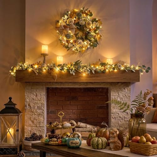 Fall Garland with Pumpkins and Lights - 9ft White/Green Autumn Decor