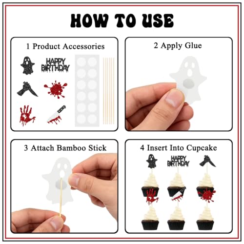 Red Blood Drip Killer Birthday Cupcake Toppers - 24 Glitter Halloween Cake Decorations