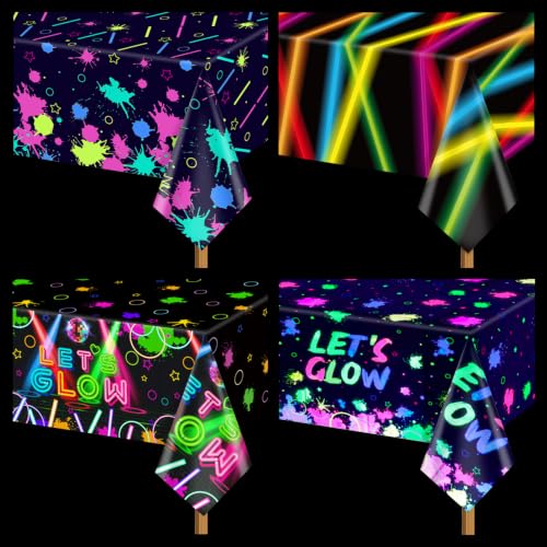 Multi Color Glow in the Dark Party Tablecloths 4 Pack Neon Disposable 51x86 inches