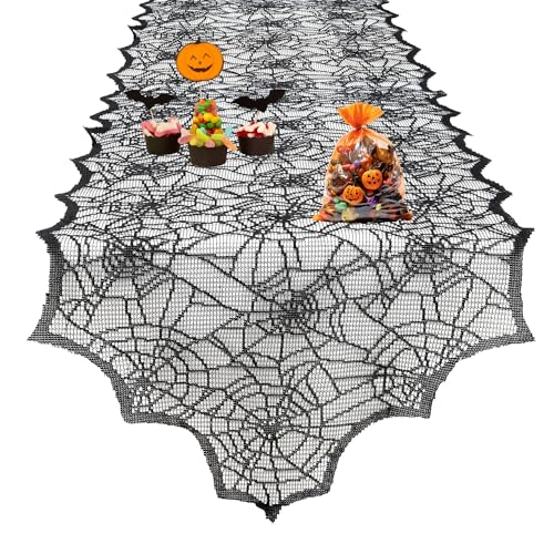 Halloween Lace Spider Web Table Runner 14x48 Inch for Festive Decor - Black