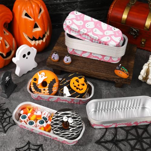 Pink Ghost Halloween Mini Loaf Pans with Lids & Forks, 6.6 Inch Disposable Baking Containers, 100 Pack