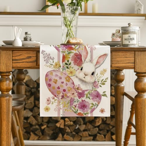 Easter Bunny Rabbit Table Runner 13x72 Inch Pink Seasonal Spring Floral Kitchen Decor