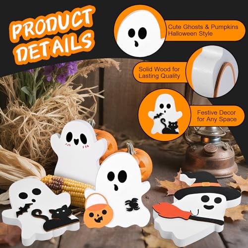 Halloween Wooden Decor Set - Ghost and Pumpkin Signs, Ghost C Variation, Indoor Fall & Holiday Table Decorations