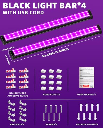 Black Light Bar 10W USB UV LED Strip 4 Pack for Fluorescent Glass & Decor - Variation of 4