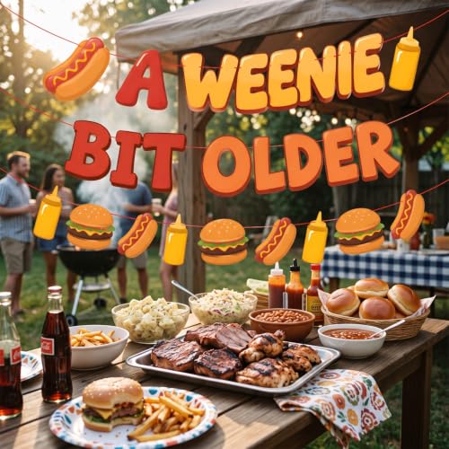 Red and Yellow Hot Dog Banner Garland - Weenie Bit Older Party Decor for BBQ & Birthday