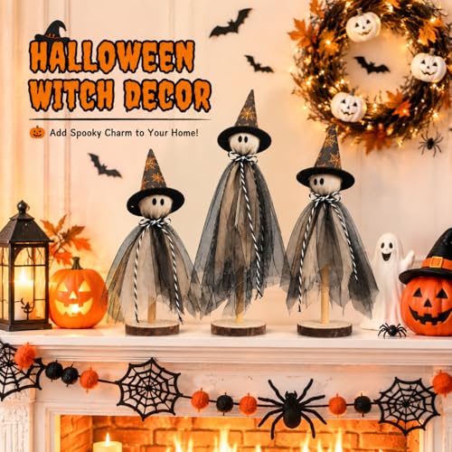 Halloween Ghost Decorations Set with Witch Hats - Rustic Wooden Shelves, Indoor Tabletop Halloween Decor