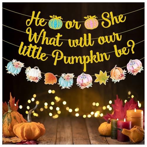 Thanksgiving Pumpkin Banner Gender Reveal Party Decorations - Fall Autumn Harvest Flags & Cake Topper