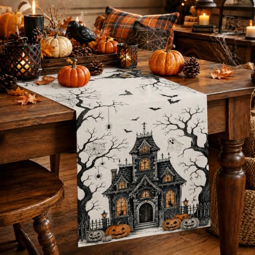 Haunted Castle Halloween Table Runner 13x72in for Home Decor - Orange Pumpkins & Ghosts