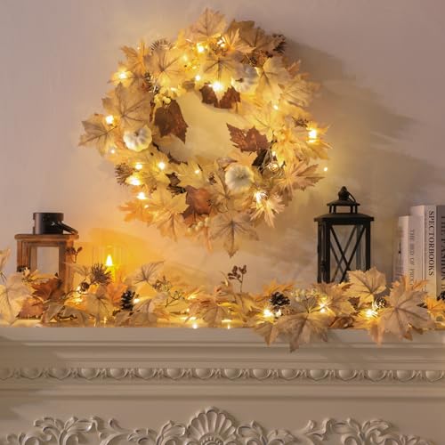 Beige Fall Wreath with Lights - 22-inch Autumn Door Decor with Pumpkins, Berries & Pine Cones