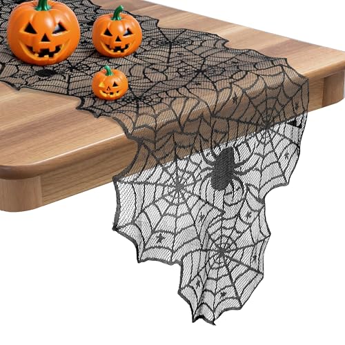 Halloween Lace Spider Web Table Runner Black 18x72 Inches - Spooky Decor