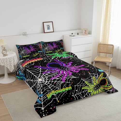 Kids Halloween King Comforter Set Black Purple Spider Web Bedding for Boys Girls - 3Pcs