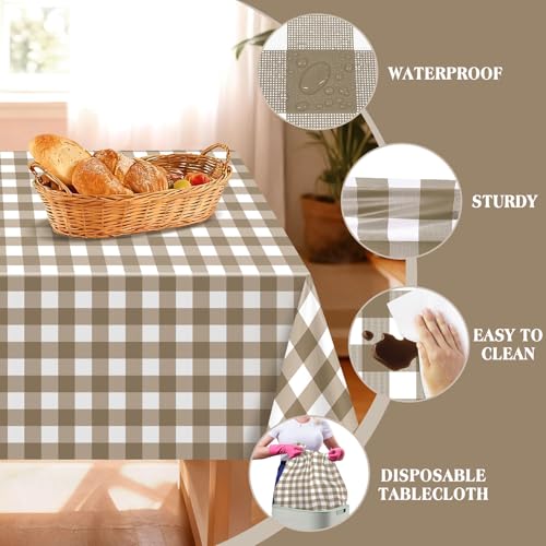 Khaki and White Gingham Disposable Tablecloths 54x108 Inch - 4 Pack