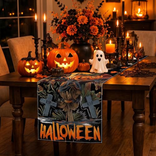 Black Pumpkin Scarecrow Halloween Table Runner 13x72 Inches - Spooky Decor