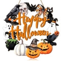 Rustic Halloween Wooden Wreath Sign with Ghost, Cat, Pumpkin & Skull - Front Door Decor