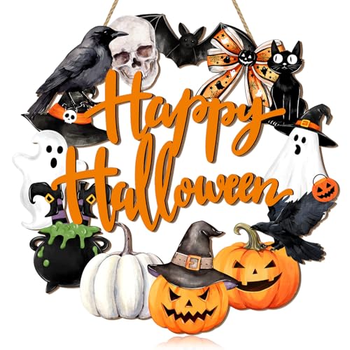 Rustic Halloween Wooden Wreath Sign with Ghost, Cat, Pumpkin & Skull - Front Door Decor
