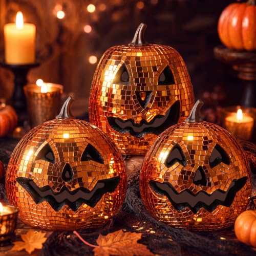 Simgoing 3 Pack Large Halloween Disco Pumpkin Decor - Ghost & Orange Variations