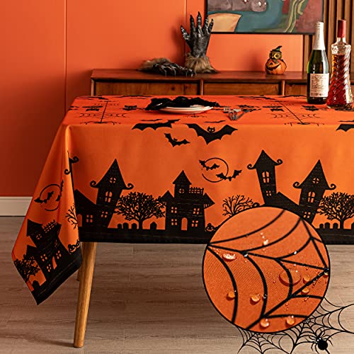Halloween Haunted House Rectangular Waterproof Tablecloth 60 x 120 Inches - Orange