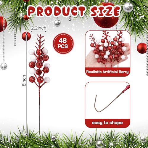 Christmas Glitter Berry Picks Set - Red White 8 Inch Holiday Decoration