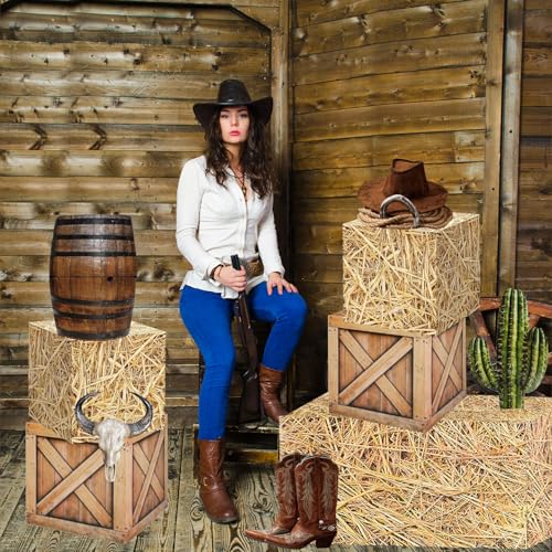 Western Cowboy Party Decorations Set with Hay Bales & Centerpieces - Rustic Farm Theme