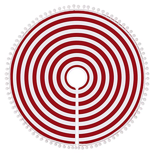 Christmas Tree Skirt 48 Inch Red White Rings with Pom Pom Trim - HOHOTIME Variation