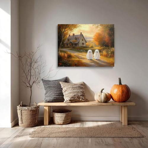 Halloween Ghost Wall Art Canvas 12x16 Inches Spooky Rustic Decor with Gold Accents